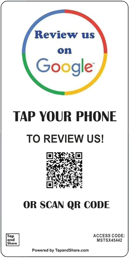 Tap and Share Contactless Sharing Smart NFC 'Review us on Google' Sticker + QR code 2 Pack