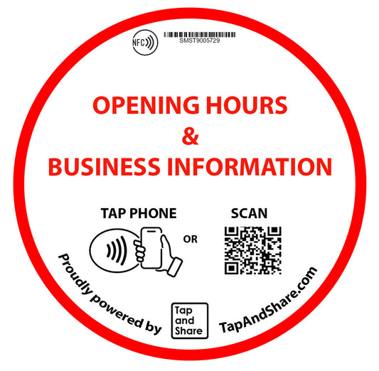 Tap and Share Contactless Sharing Smart NFC 'Opening Hours & Business Information' Epoxy Sticker + QR code