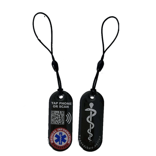 Black Smart NFC Emergency Medical Information Keyring Tag With Passive Tracking