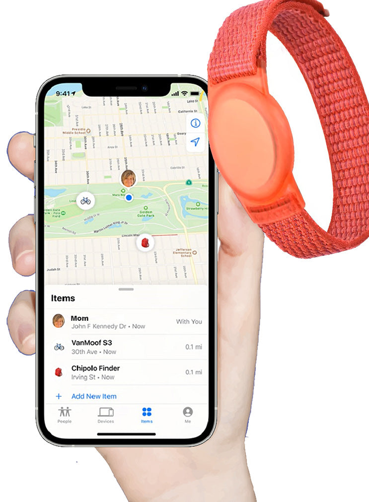Dementia & Disability Smart Tracker Wrist/Ankle Band – Works with Apple Find My (iOS Only) | Water-Resistant, Replaceable Battery, Includes Tracking Tag - Red