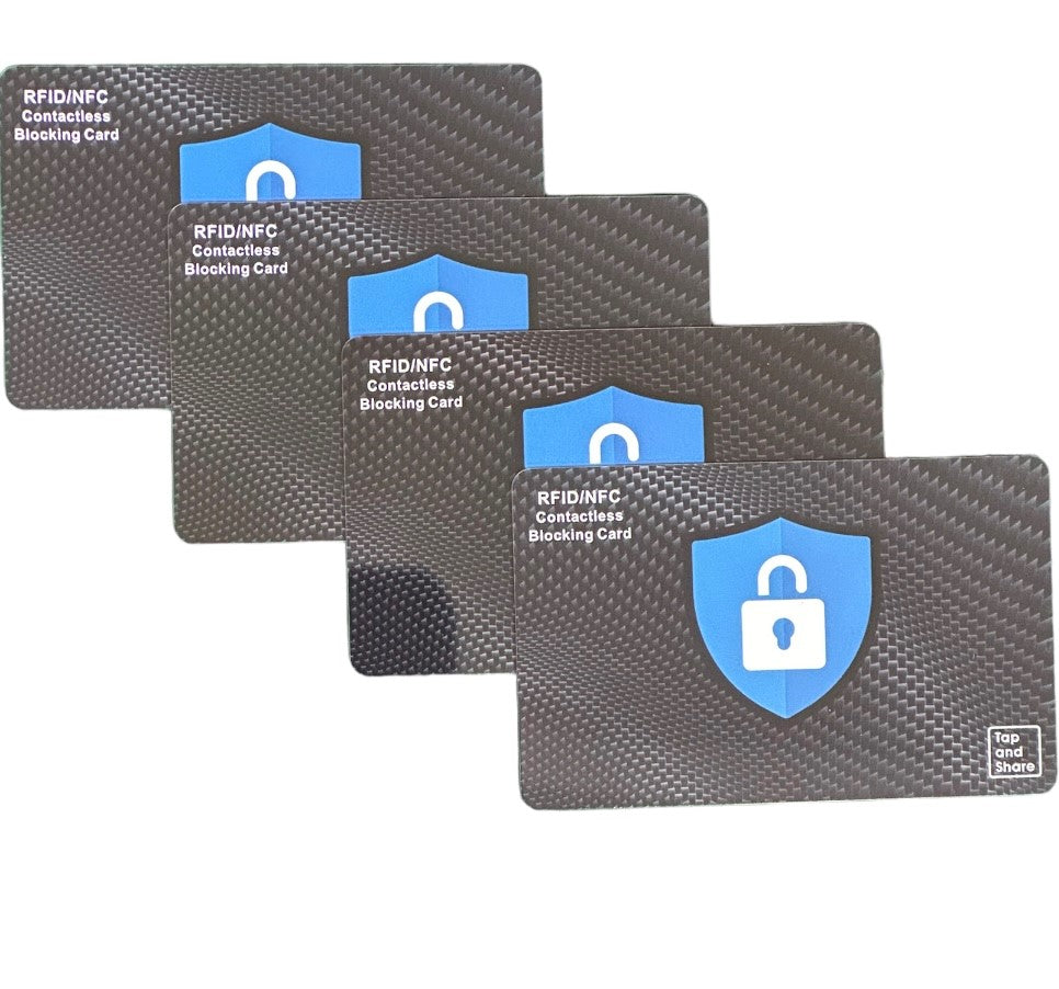 Tap and Share Premium NFC & RFID Blocking Card - 4 Pack | Premium Contactless NFC Credit Debit Card Passport Protector Blocker Set for Men & Women, Elegant Slim Design Perfectly fits in Wallet/Purse