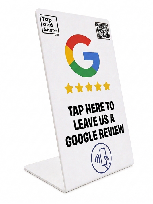 Tap and Share White Contactless Google Review NFC + QR Counter Sign | 30-Day Free Trial | Subscription Required