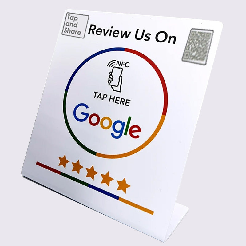 Tap and Share White XL Smart Contactless Sharing NFC 'Review us on Google' Counter Sign + QR code