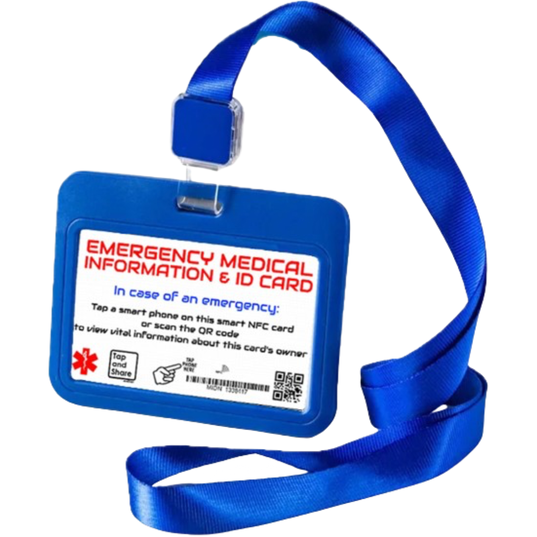 Blue Lanyard & Smart NFC Emergency Medical Alert ID Information Card with Passive Geolocation Tracking System