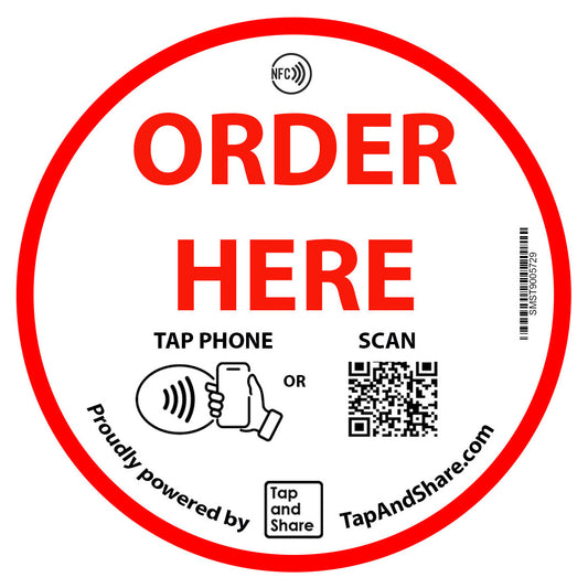 Large 10cm Contactless Smart NFC Touchless 'Order Here' Round Epoxy Sticker + QR code | Extra Durable | Stick it on your Table, Counter, Wall or Window  | Restaurants | Cafe | Takeaway | Business