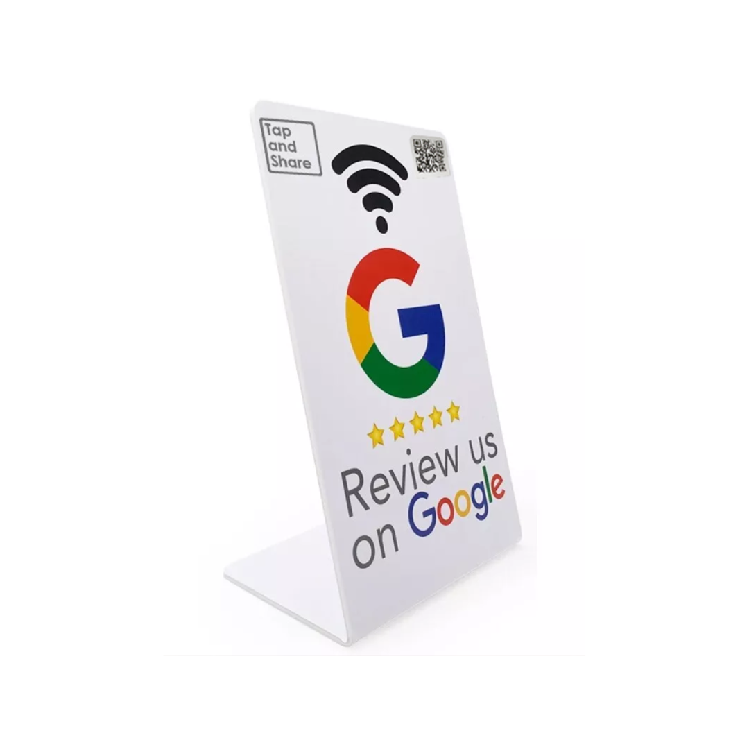 Tap and Share White Smart Contactless Sharing NFC 'Review us on Google' Counter Sign + QR code