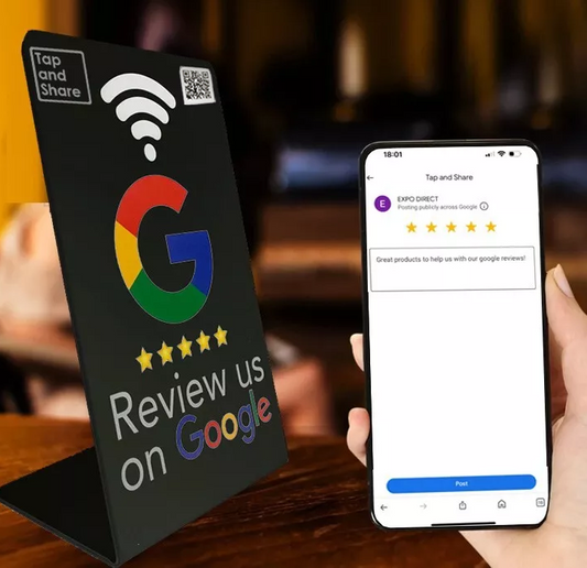 Tap and Share Black Smart Contactless Sharing NFC 'Review us on Google' Counter Sign + QR code