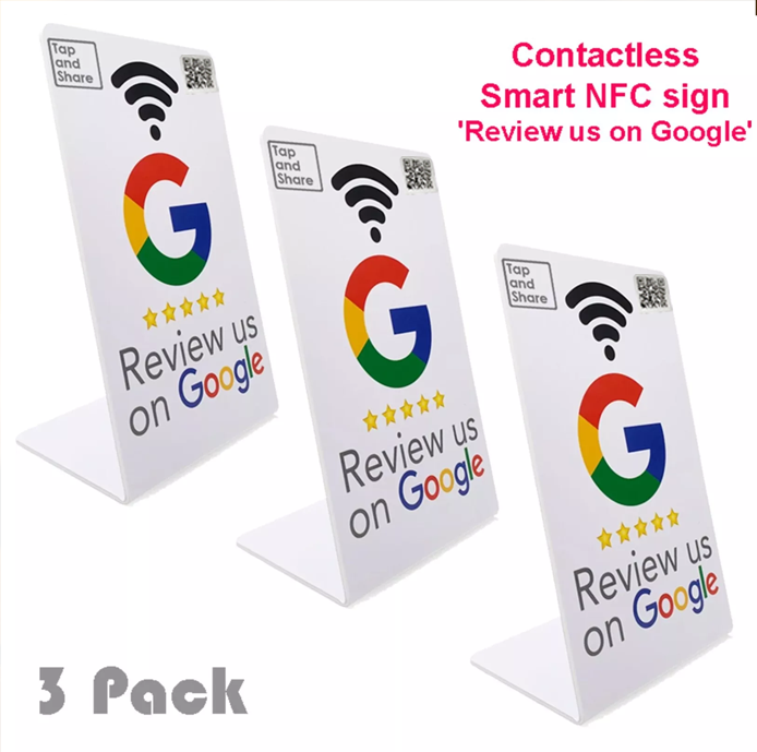 Tap and Share White Smart Contactless Google Review Counter Sign Stand NFC + QR Code 'Review Us' 3 Pack