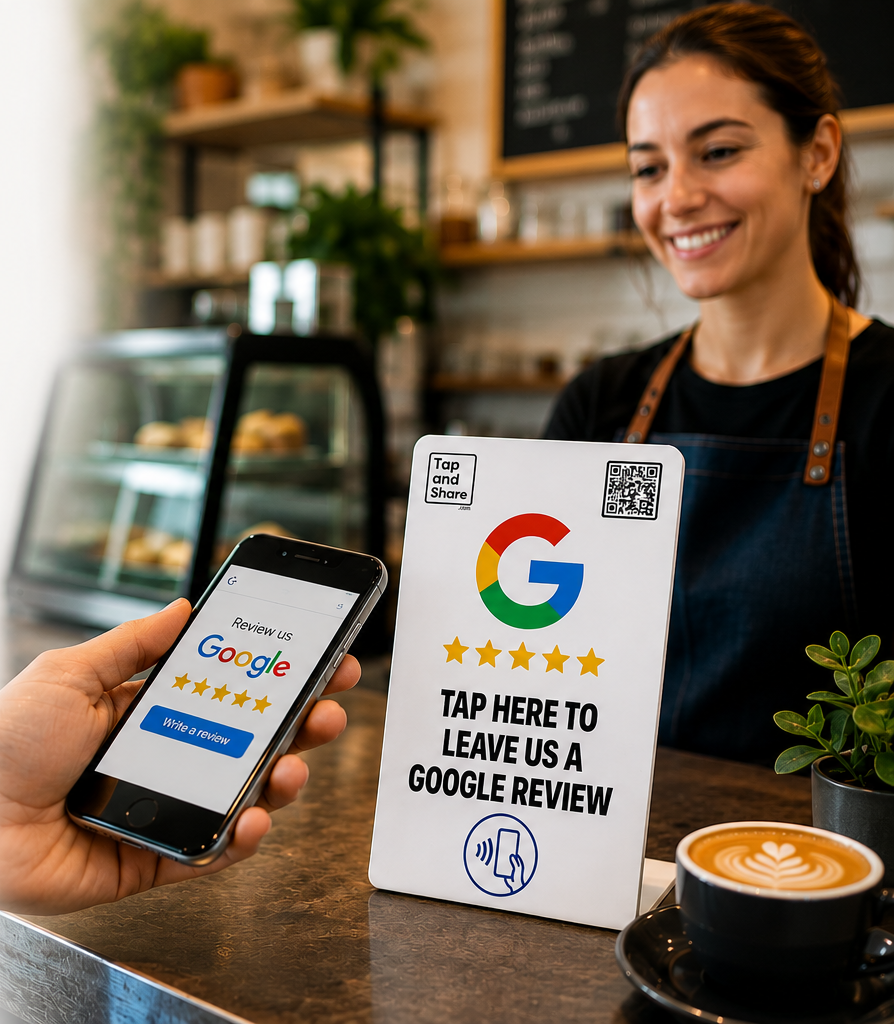 Tap and Share White Contactless Google Review NFC + QR Counter Sign | 30-Day Free Trial | Subscription Required