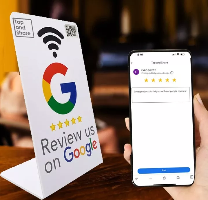 Tap and Share White Smart Contactless Google Review Counter Sign Stand NFC + QR Code 'Review Us' 3 Pack